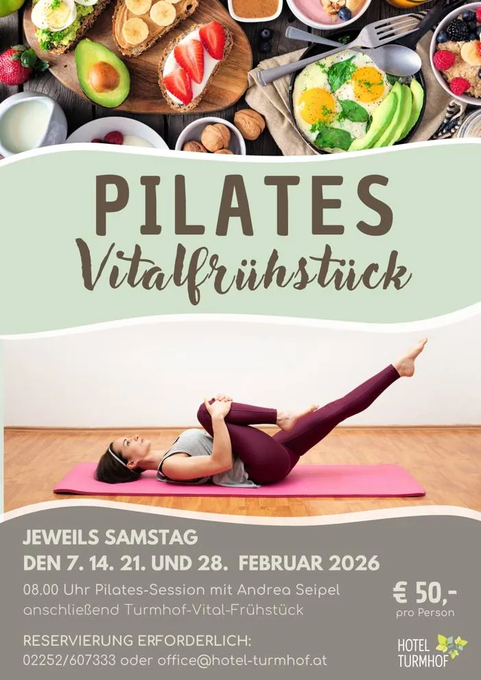 Plakat Pilates und Vitalfrühstück im Hotel Turmhof